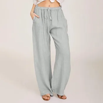 Bikses Sievietēm штаны Biroja Dāma Modes Plus Lieluma Gadījuma Zaudēt Cietā Kokvilnas, Linu Aukliņu, Elastīgas Vidukļa Ilgi Plaša Kāju Bikses