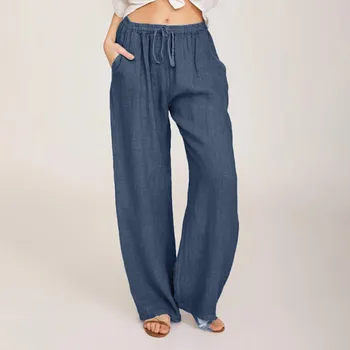 Bikses Sievietēm штаны Biroja Dāma Modes Plus Lieluma Gadījuma Zaudēt Cietā Kokvilnas, Linu Aukliņu, Elastīgas Vidukļa Ilgi Plaša Kāju Bikses