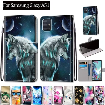 Ādas Gadījumā Samsung Galaxy A51 Flip Case Cover Luksusa Dzīvnieku Cute Cartoon Krāsa Maka Vāks Samsung A51 SM-A515F Gadījumā