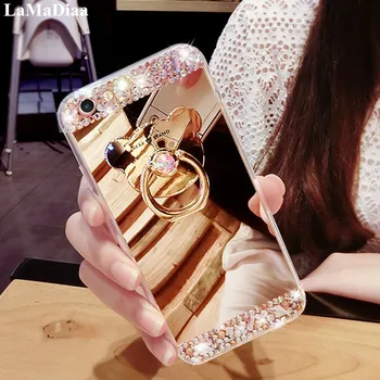 Luksusa Rhinestone Case For Samsung Galaxy A7 A5 A3 A6 A8 2018 2017 2016 Gadījumā Spīguļi, Spoguļi Meitenes Ar Gredzenu Turētājs Stāvēt Soft