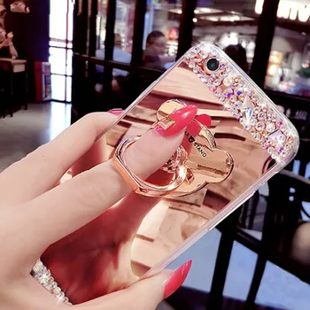 Luksusa Rhinestone Case For Samsung Galaxy A7 A5 A3 A6 A8 2018 2017 2016 Gadījumā Spīguļi, Spoguļi Meitenes Ar Gredzenu Turētājs Stāvēt Soft