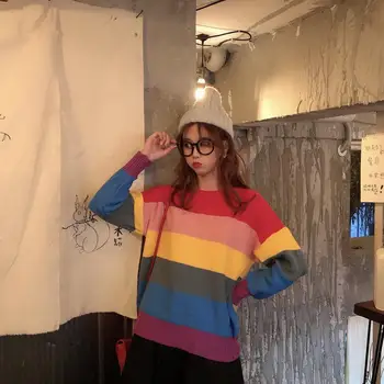 Bella filozofija Rudens Varavīksne Džemperis Sievietēm Harajuku Džemperis Svītrainu Džemperi Lielgabarīta Džemperi korejas Vintage Trikotāža