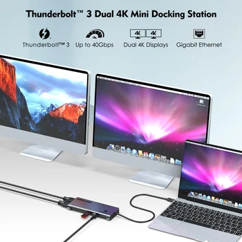 Wavlink Thunderbolt 3 USB C dokstacija Dual 4K@60Hz DisplayPort ar USB 3.0 Gigabit Ethernet Macbook Pro Klēpjdatoru