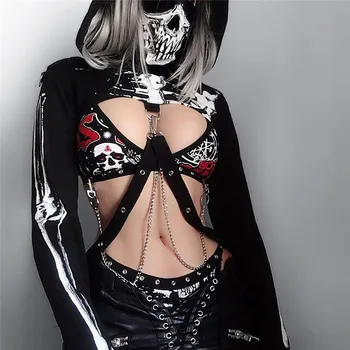 Jaycosin Gotu, Punk Kapuci Hoodies Sievietes Skelets Melnā Drukas Maska Ar Garām Piedurknēm Crop Topi 2019 Modes Halloween Top Sporta Krekls