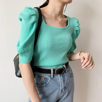 Trikotāžas Burbulis Īsām Piedurknēm T-krekli Sieviešu Tops Laukumā Apkakles Tee Kreklu Modes Slim T 2020. Gada Vasaras Adīšanas Ikdienas Drēbes