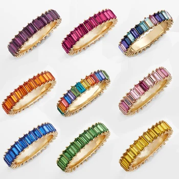 Zelta tievu līniju mikro bruģēt cz mūžību 9 krāsas kaudze zelta varavīksnes cz sievietēm gredzens