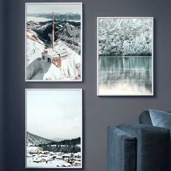 Sienas Mākslas Audekls Gleznošanai Sniega Meža Aerial View Lake Road Ciema Ziemeļu Plakāti Un Izdrukas Sienas, Attēlus Dzīvojamā Istaba Dekori