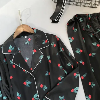 Līdz 2018. gada rudenī sieviešu pidžamas komplekti ar ziedu drukāt modes luksusa sieviešu mākslīgās zīda divi gabali krekli + bikses naktskrekli sleepwear