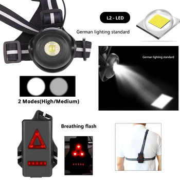 USB uzlādējams LED krūtīm gaismas super spilgti LED lukturīti 2 apgaismojuma režīms ar sarkano taillight brīdinājuma gaismas tērps āra