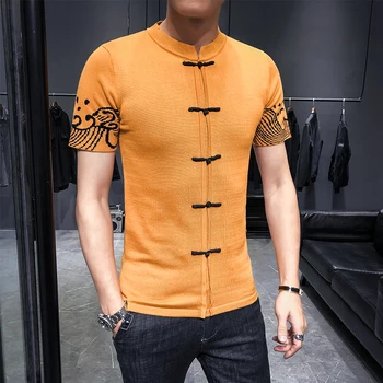 Adīšanas Džemperis Ķīniešu Stila Pogas Piedurkņu Pusē Žakarda Pinuma Cilvēks Self-audzēšanu Adīšanas Īsām Piedurknēm Camisetas Hombre