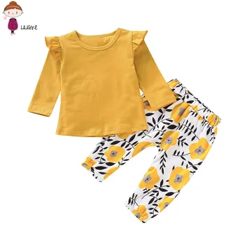 Infant Baby Meitenes Ruffles garām Piedurknēm Ziedu Tops+ Bikses Apģērbu Komplekti Tērpiem 2gab Bērnu Drēbes