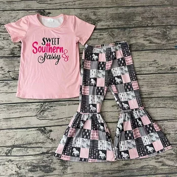 Vairumtirdzniecības Bērniem, Baby Meiteņu Pavasara Boutique Apģērbu Komplekti Bērniem Rozā Krāsā Ar Īsām Piedurknēm Vēstuli Salds Krekls Zirga Zvaniņi Bikses Apģērbs