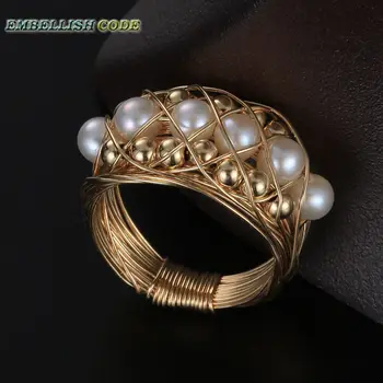 JAUNO Dizaineru gabalus zelta gredzens ar apaļa kā bumba pērles roku padarīt gredzens