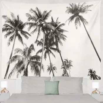 Melnā un baltā siluets tropisko kokosriekstu palmu auduma Gobelēns Sienas Karājas Dekoru Elegants Psychedelic Anotācija Auduma Paklāju