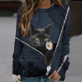 Sieviešu Krekli gudrs Kaķis Rāvējslēdzēju Drukāt Sieviešu Ikdienas Pavasara Brīvs Džemperis O-veida Kakla garām Piedurknēm Topi, Sieviešu apģērbu 2021