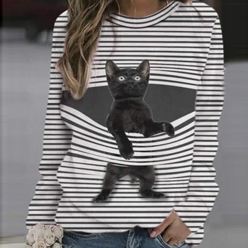 Sieviešu Krekli gudrs Kaķis Rāvējslēdzēju Drukāt Sieviešu Ikdienas Pavasara Brīvs Džemperis O-veida Kakla garām Piedurknēm Topi, Sieviešu apģērbu 2021