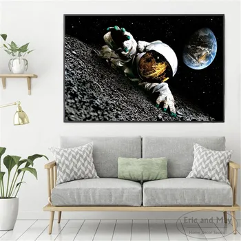 Astronauti Uz Mēness Smieklīgi Kanvas Glezna Plakāti Un Izdrukas Sienas Art Pictures Par Dzīves Telpu Dekorēšana Mājas Dekoru Plakat