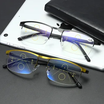 Vīrieši, Sievietes Pakāpeniski Lasīšanas Brilles Multifokāla Bifocal Palielināmo Presbyopic Brilles Metāla Anti Blue Ray Kvadrātveida Rāmis 2.0