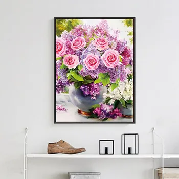 Rozā Rožu Lavandas Ziedu Vāze Dimanta Krāsošanas Kārtu Pilnīgu Urbt Ziedu Nouveaute DIY Mozaīkas Izšuvumi 5D Cross Stitch Dāvanas