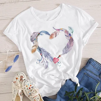 Sirds Ziedu Drukāt Dāmas T-krekls Sievietēm, Dāmas Gadījuma raksturs O-apkakles Balts Krekls ar Īsām Piedurknēm Dāmas T Mīlestība Grafikas T Krekls