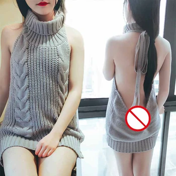 Japanes Trikotāžas Sexy Backless Sieviešu Džemperi Un Puloveri Ar Augstu Uzrullētu Apkakli Bez Piedurknēm Ilgi Virgin Killer Džemperis