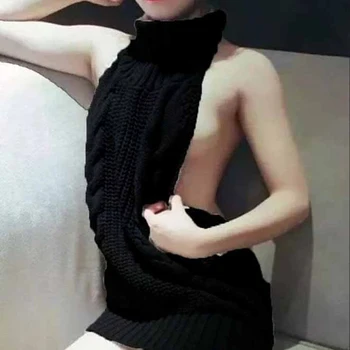 Japanes Trikotāžas Sexy Backless Sieviešu Džemperi Un Puloveri Ar Augstu Uzrullētu Apkakli Bez Piedurknēm Ilgi Virgin Killer Džemperis