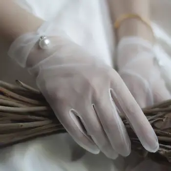 Sieviešu Sexy Caurspīdīgs Elegants Pērle Fāzēm Baltā Acs Cimdi Sieviešu Sauļošanās Vintage Īsā Mežģīņu Vadītāja Cimdi