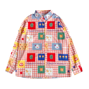 Jauna Rudens Harajuku Kawaii Sieviešu Krekls Bērnišķīgi Krāsu Kontrastu Salds Pleds Krekli, Sieviešu Multiplikācijas Filmu Garām Piedurknēm Blūze Augšu