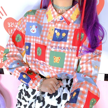Jauna Rudens Harajuku Kawaii Sieviešu Krekls Bērnišķīgi Krāsu Kontrastu Salds Pleds Krekli, Sieviešu Multiplikācijas Filmu Garām Piedurknēm Blūze Augšu