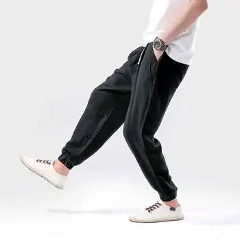 MRDONOO Ķīniešu stila vīriešu linu bikses aukliņu gadījuma bikses retro mīksti kokvilnas un lina harēma bikses kājas pēdas bikses K113